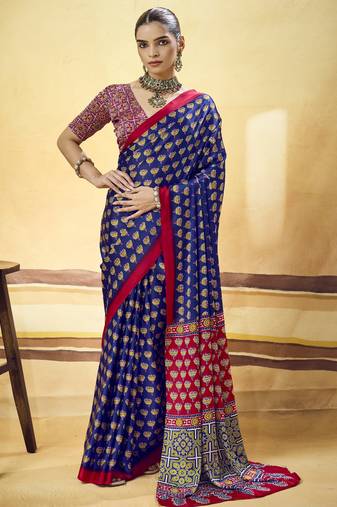 Blue designer modal satin ajrakh print saree with unstitched blouse