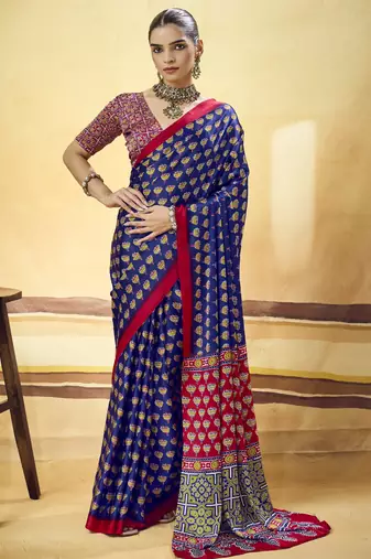 Blue designer modal satin ajrakh print saree with unstitched blouse