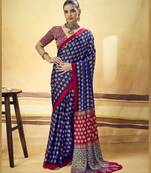 Blue designer modal satin ajrakh print saree with unstitched blouse