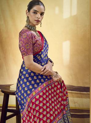 Blue designer modal satin ajrakh print saree with unstitched blouse 2