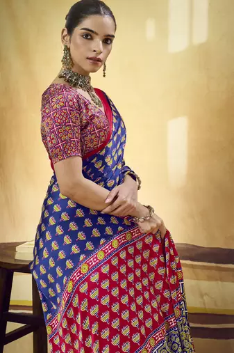 Blue designer modal satin ajrakh print saree with unstitched blouse