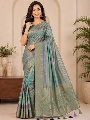 Light Parrot GreenColor Jari Jaqurad Weaving And Light Gold Jari Jaqurad Weaving Border With Viscose Georgette Saree 1