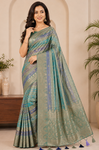 Light Parrot GreenColor Jari Jaqurad Weaving And Light Gold Jari Jaqurad Weaving Border With Viscose georgettete Saree