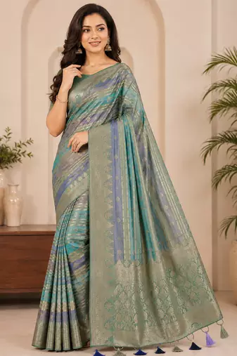 Light Parrot GreenColor Jari Jaqurad Weaving And Light Gold Jari Jaqurad Weaving Border With Viscose Georgette Saree