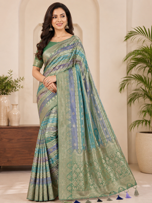 Light Parrot GreenColor Jari Jaqurad Weaving And Light Gold Jari Jaqurad Weaving Border With Viscose Georgette Saree 2