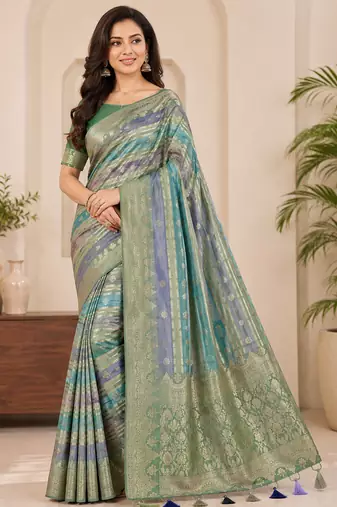 Light Parrot GreenColor Jari Jaqurad Weaving And Light Gold Jari Jaqurad Weaving Border With Viscose Georgette Saree