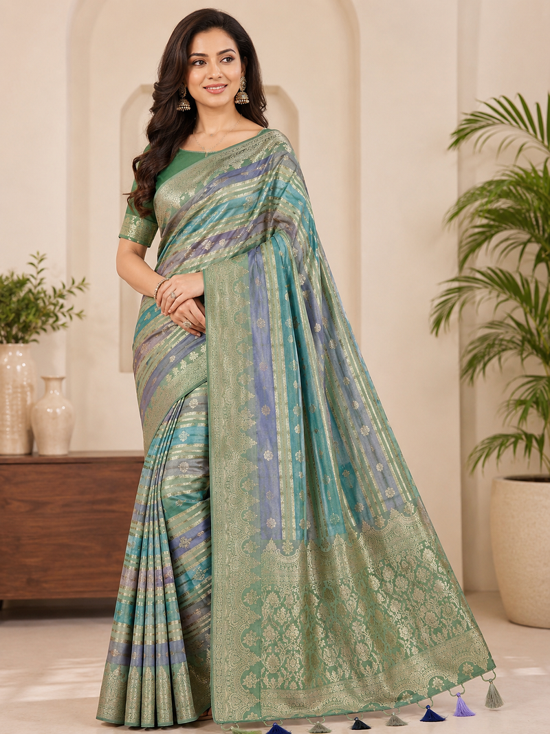 Light Parrot GreenColor Jari Jaqurad Weaving And Light Gold Jari Jaqurad Weaving Border With Viscose Georgette Saree