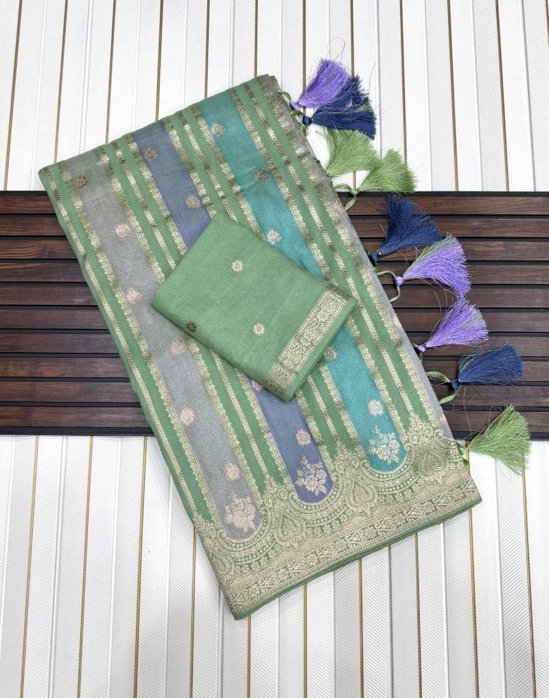 Light Parrot GreenColor Jari Jaqurad Weaving And Light Gold Jari Jaqurad Weaving Border With Viscose Georgette Saree