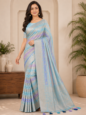 Sky Blue Color Jari Jaqurad Weaving And Light Gold Jari Jaqurad Weaving Border With Viscose Georgette Saree 1