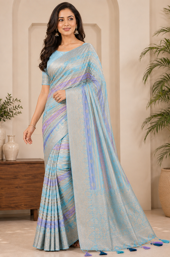 Sky Blue Color Jari Jaqurad Weaving And Light Gold Jari Jaqurad Weaving Border With Viscose georgettete Saree