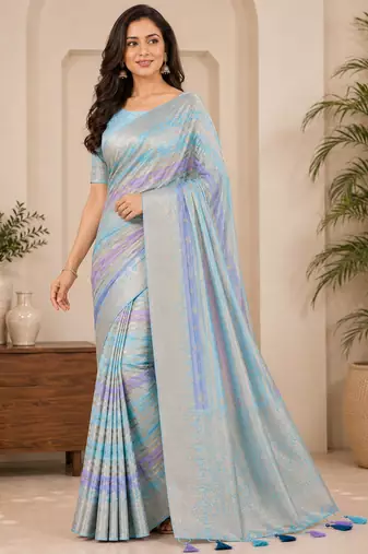 Sky Blue Color Jari Jaqurad Weaving And Light Gold Jari Jaqurad Weaving Border With Viscose Georgette Saree