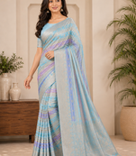 Sky Blue Color Jari Jaqurad Weaving And Light Gold Jari Jaqurad Weaving Border With Viscose Georgette Saree