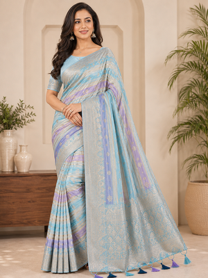 Sky Blue Color Jari Jaqurad Weaving And Light Gold Jari Jaqurad Weaving Border With Viscose Georgette Saree 2