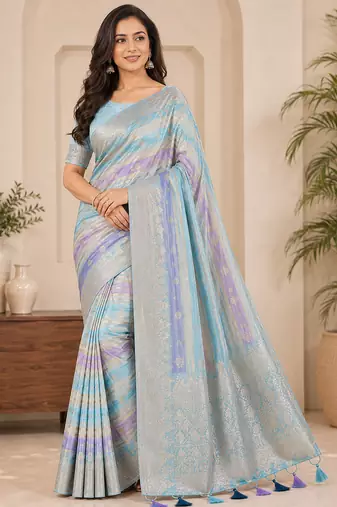 Sky Blue Color Jari Jaqurad Weaving And Light Gold Jari Jaqurad Weaving Border With Viscose Georgette Saree