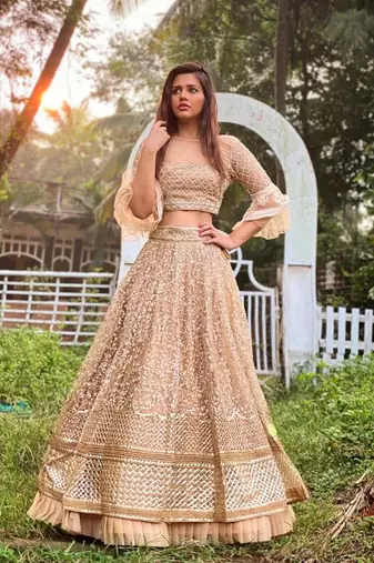 Beige Embroidered Net Semi Stitched Lehenga