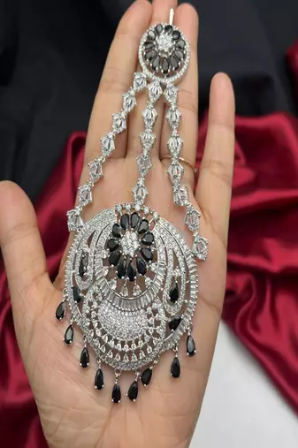 silver black stone jhumar passa | pakistani bridal hair jewellery