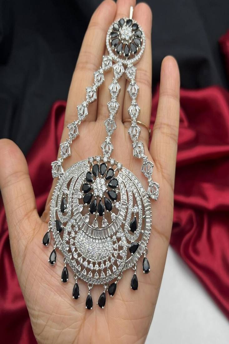 silver black stone jhumar passa | pakistani bridal hair jewellery
