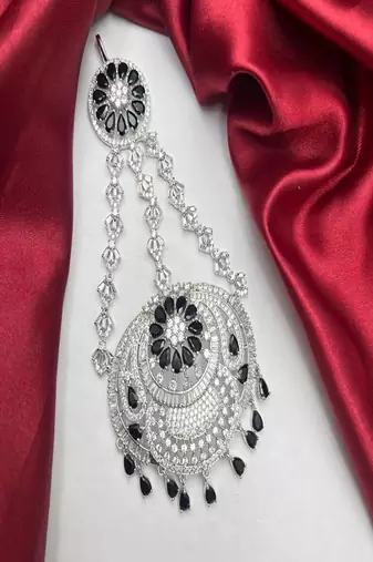 silver black stone jhumar passa | pakistani bridal hair jewellery
