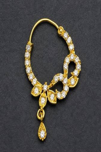 Gold Plated CZ Stone Bridal Nath Hoop – Floral Indian Wedding Jewelry