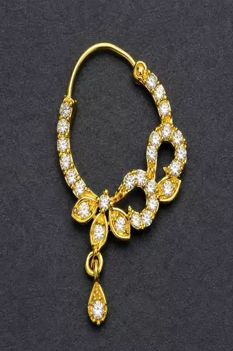 Gold Plated CZ Stone Bridal Nath Hoop – Floral Indian Wedding Jewelry