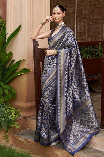 Navy blue viscose silk blend woven saree