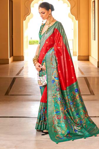 Red colour silk blend sarees with floral motifs