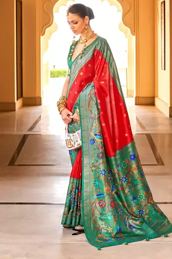 Red colour silk blend sarees with floral motifs