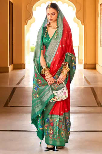Red colour silk blend sarees with floral motifs