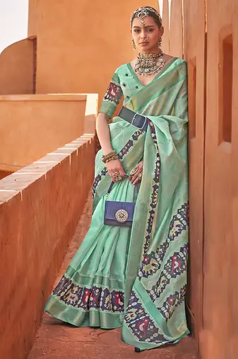 Sea green colour cotton silk patola printed saree