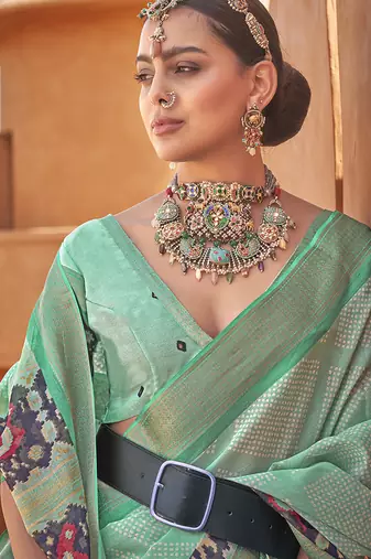 Sea green colour cotton silk patola printed saree