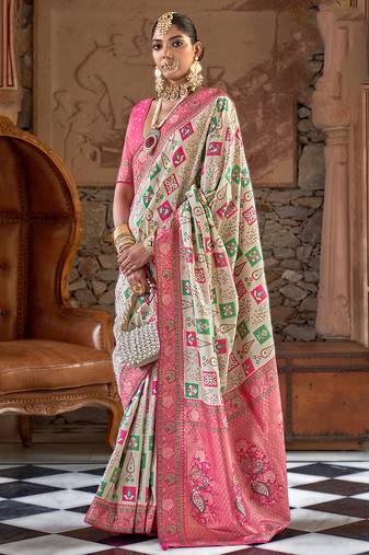 White banarasi silk blend weaving traditional saree