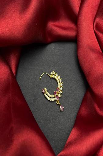 traditional indian bridal nath, gold plated ruby cz stone nose ring clip on