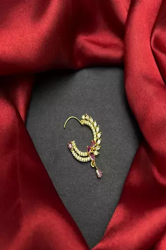 traditional indian bridal nath, gold plated ruby cz stone nose ring clip on