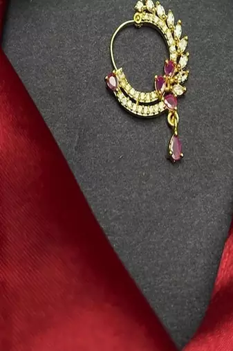 traditional indian bridal nath, gold plated ruby cz stone nose ring clip on