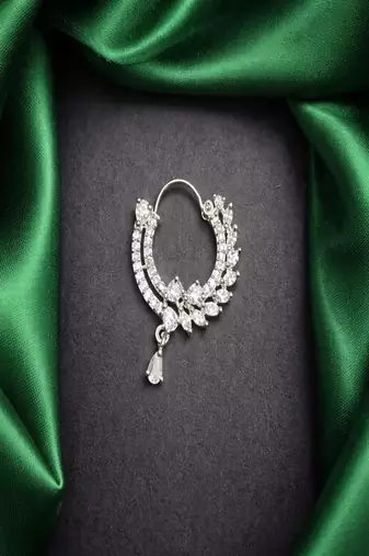 silver nose ring nath, cz diamond bridal hoop, marquise crystal, traditional pakistani wedding jewellery