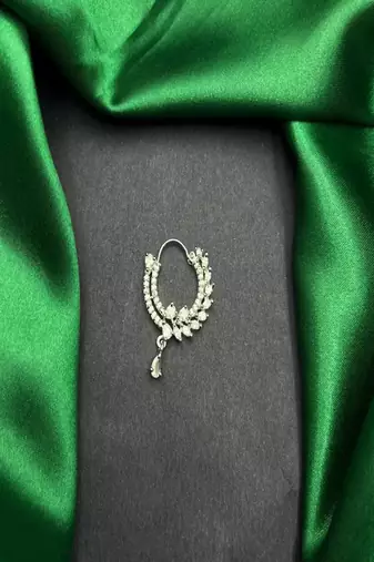 silver nose ring nath, cz diamond bridal hoop, marquise crystal, traditional pakistani wedding jewellery