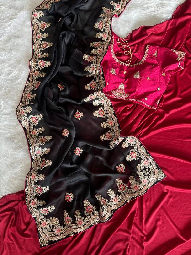 Black Color Golden Embroidery And Dori Work With Sequins Work All Over The Border Fandy Silk Saree