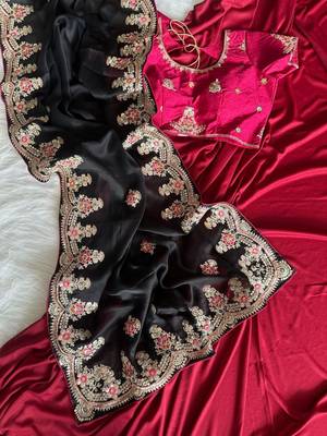 Black Color Golden Embroidery And Dori Work With Sequins Work All Over The Border Fandy Silk Saree 2