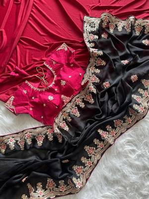 Black Color Golden Embroidery And Dori Work With Sequins Work All Over The Border Fandy Silk Saree 4