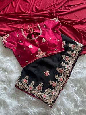 Black Color Golden Embroidery And Dori Work With Sequins Work All Over The Border Fandy Silk Saree 5