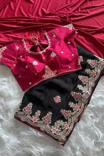 Black Color Golden Embroidery And Dori Work With Sequins Work All Over The Border Fandy Silk Saree