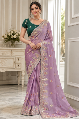 Lavender Color Golden Embroidery And Dori Work With Sequins Work All Over The Border Fandy Silk Saree