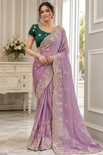 Lavender Color Golden Embroidery And Dori Work With Sequins Work All Over The Border Fandy Silk Saree