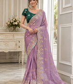 Lavender Color Golden Embroidery And Dori Work With Sequins Work All Over The Border Fandy Silk Saree