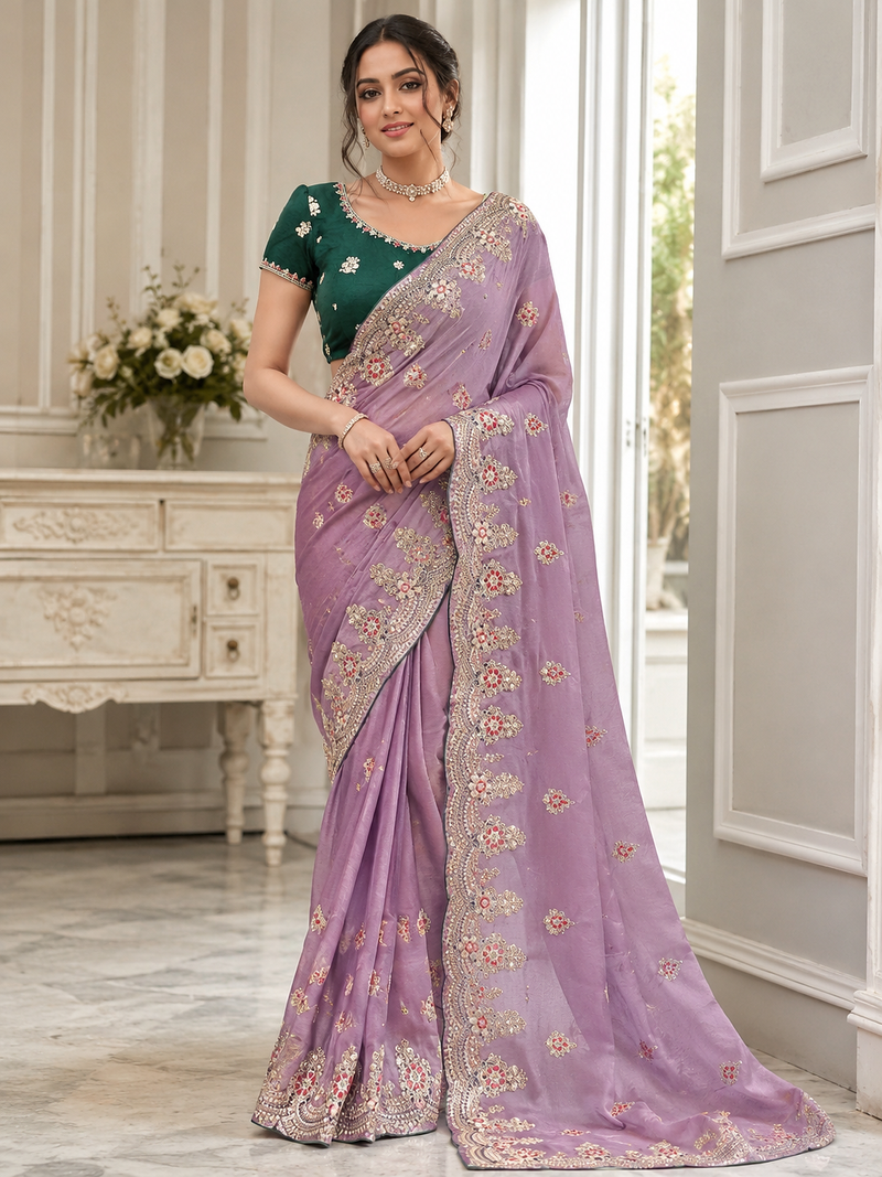 Lavender Color Golden Embroidery And Dori Work With Sequins Work All Over The Border Fandy Silk Saree