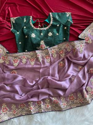 Lavender Color Golden Embroidery And Dori Work With Sequins Work All Over The Border Fandy Silk Saree 3