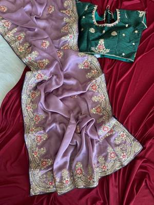 Lavender Color Golden Embroidery And Dori Work With Sequins Work All Over The Border Fandy Silk Saree 5