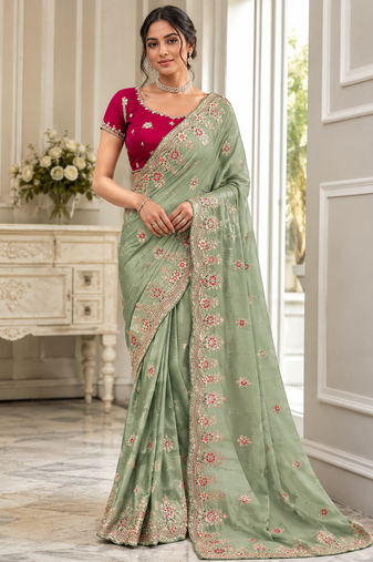 Light Parrot Green Golden Embroidery And Dori With Sequins All Over The Border Fandy Silk Saree