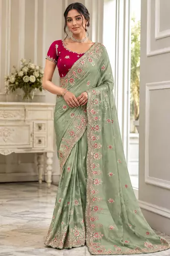 Light Parrot Green Color Golden Embroidery And Dori Work With Sequins Work All Over The Border Fandy Silk Saree