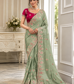 Light Parrot Green Color Golden Embroidery And Dori Work With Sequins Work All Over The Border Fandy Silk Saree